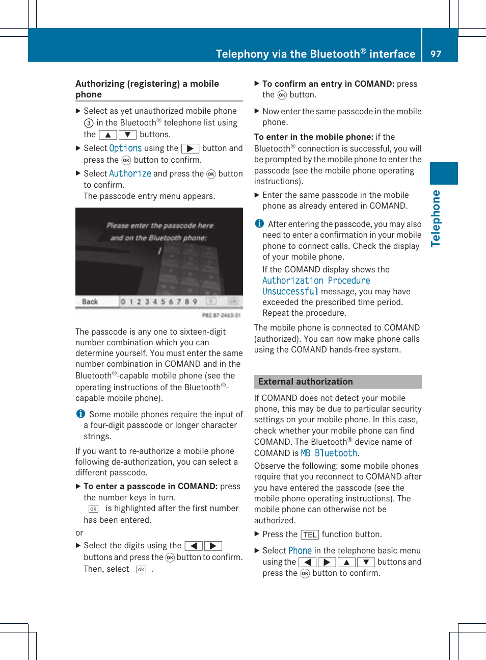 Telephone, Telephony via the bluetooth, Interface | Mercedes-Benz CLS-Class 2011 COMAND Manual User Manual | Page 99 / 214
