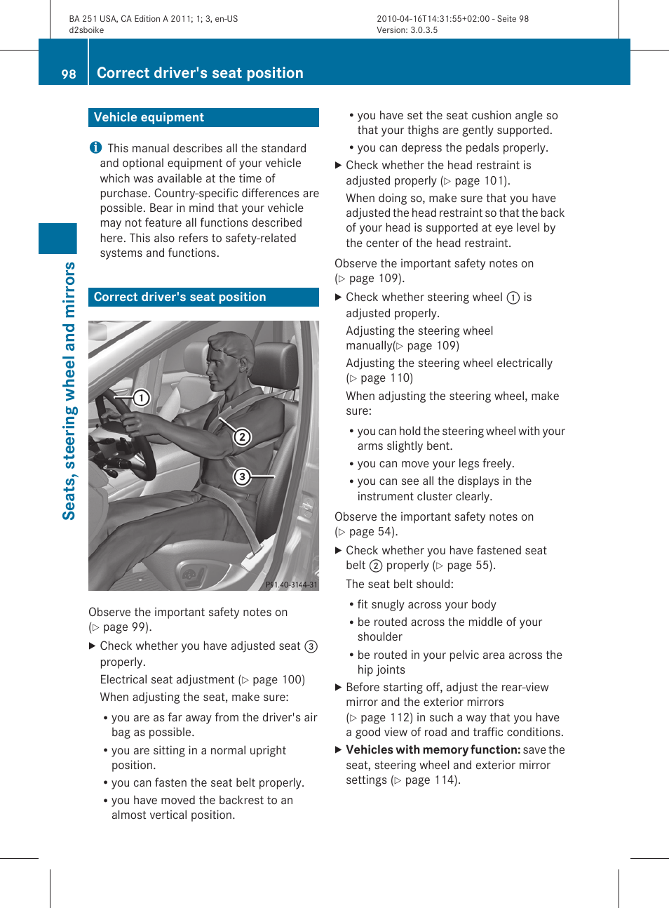 Seats, steering wheel and mirrors, Vehicle equipment, Correct driver's seat position | An almost vertical position | Mercedes-Benz G-Class 2011 Owners Manual User Manual | Page 100 / 364