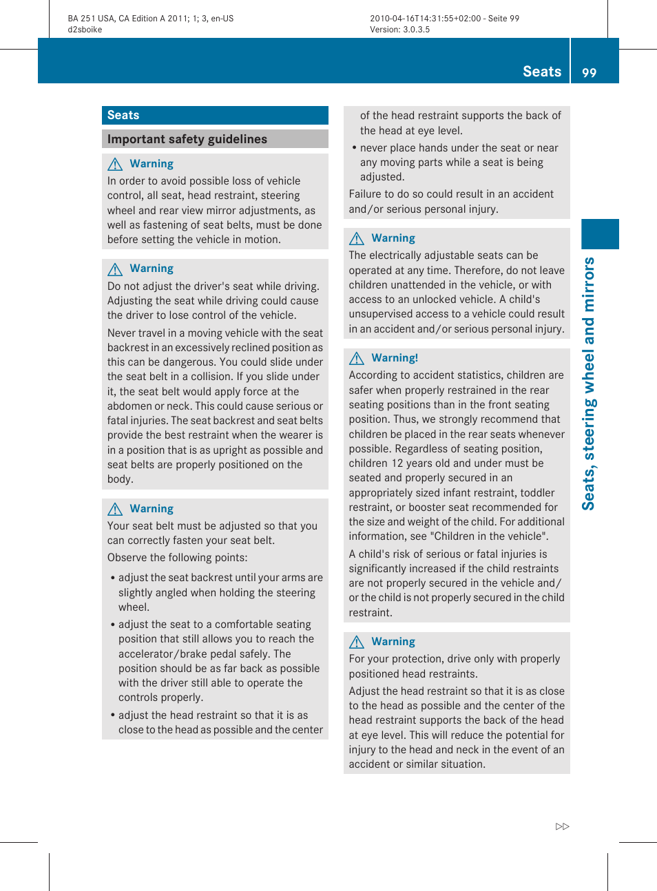 Seats, Important safety guidelines, Seats, steering wheel and mirrors | Mercedes-Benz G-Class 2011 Owners Manual User Manual | Page 101 / 364