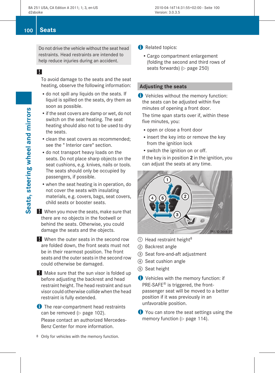 Adjusting the seats, Electrical seat adjustment, Seats, steering wheel and mirrors | Seats | Mercedes-Benz G-Class 2011 Owners Manual User Manual | Page 102 / 364