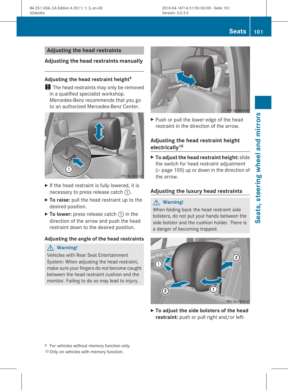 Adjusting the head restraints, Seats, steering wheel and mirrors, Seats | Mercedes-Benz G-Class 2011 Owners Manual User Manual | Page 103 / 364