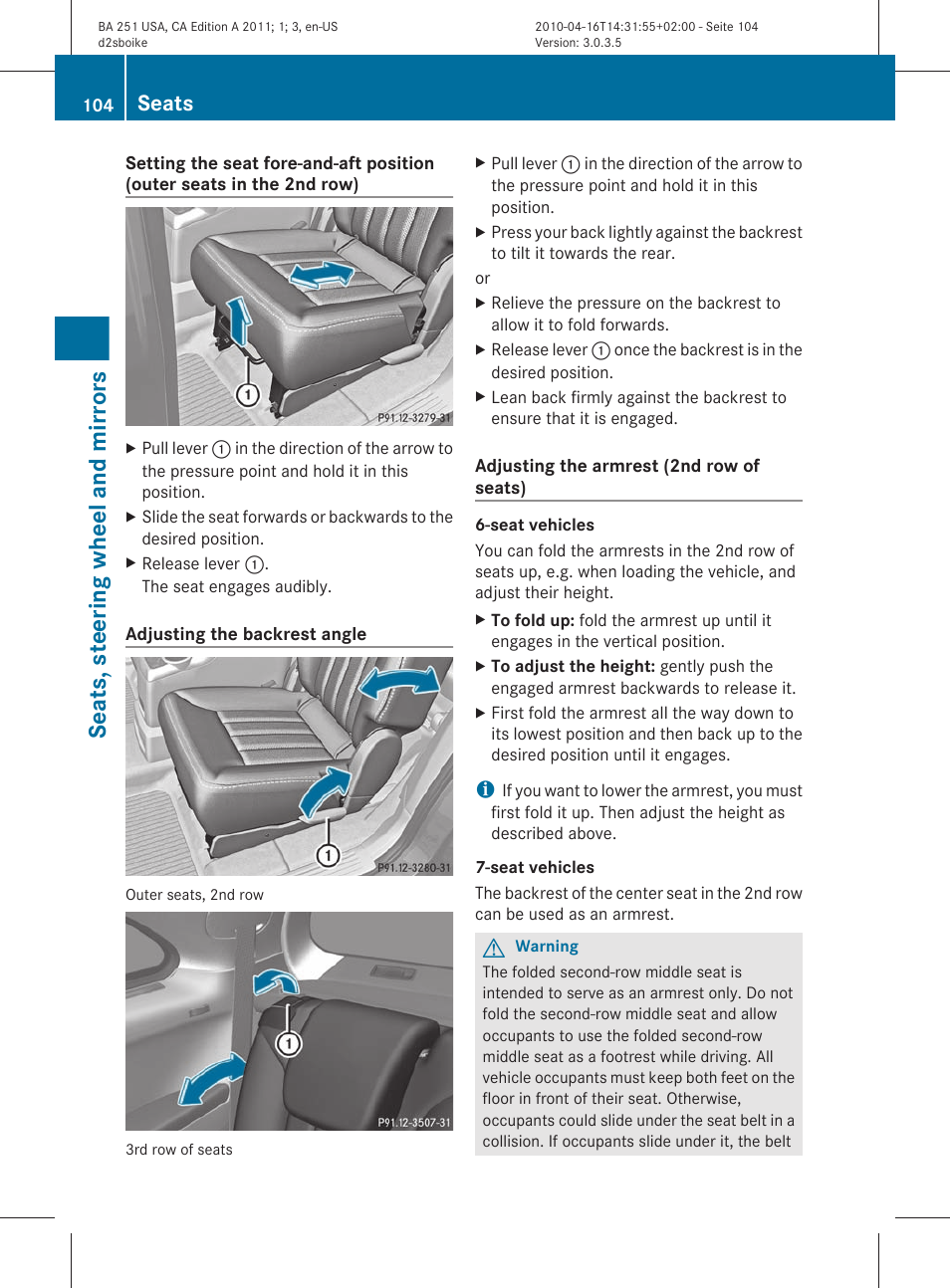 Seats, steering wheel and mirrors, Seats | Mercedes-Benz G-Class 2011 Owners Manual User Manual | Page 106 / 364