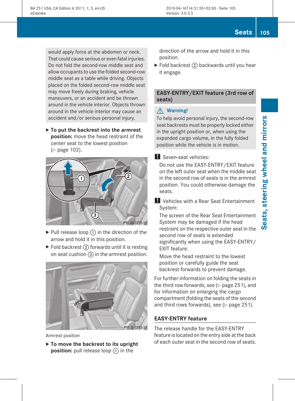 Easy-entry/exit feature (3rd row of seats), Seats, steering wheel and mirrors, Seats | Mercedes-Benz G-Class 2011 Owners Manual User Manual | Page 107 / 364