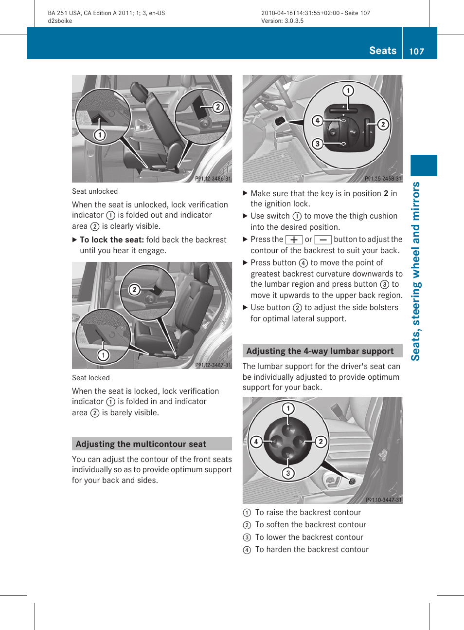 Adjusting the multicontour seat, Adjusting the 4-way lumbar support, Seats, steering wheel and mirrors | Seats | Mercedes-Benz G-Class 2011 Owners Manual User Manual | Page 109 / 364