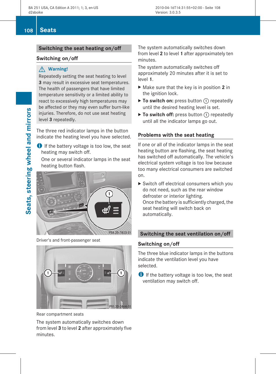 Switching the seat heating on/off, Switching the seat ventilation on/off, Seats, steering wheel and mirrors | Seats | Mercedes-Benz G-Class 2011 Owners Manual User Manual | Page 110 / 364