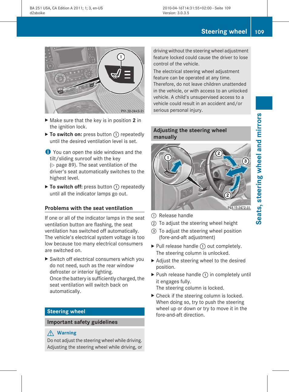 Steering wheel, Important safety guidelines, Adjusting the steering wheel manually | Seats, steering wheel and mirrors | Mercedes-Benz G-Class 2011 Owners Manual User Manual | Page 111 / 364