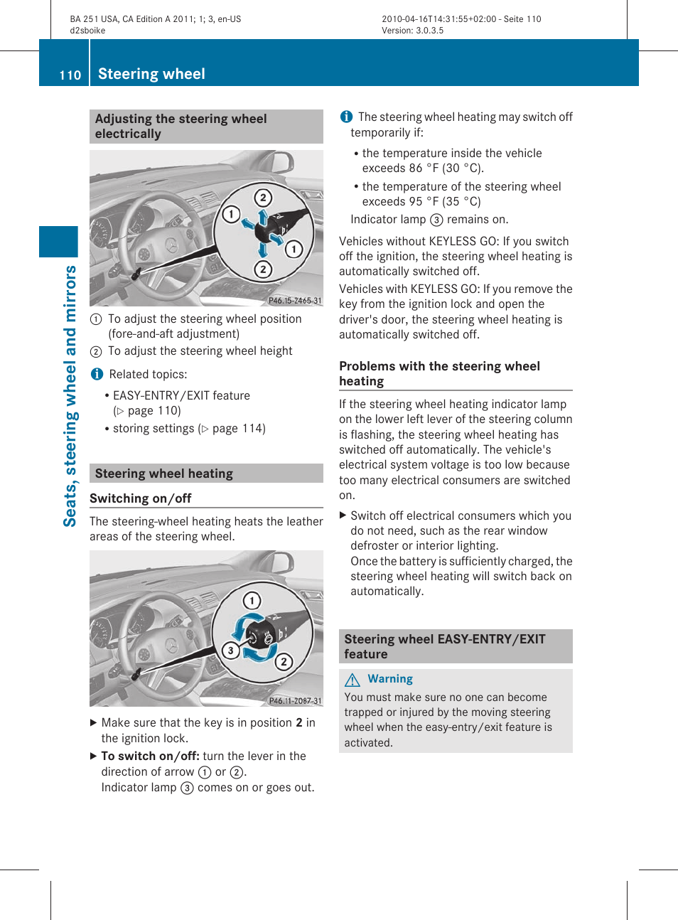 Adjusting the steering wheel electrically, Steering wheel heating, Steering wheel easy-entry/exit feature | Seats, steering wheel and mirrors, Steering wheel | Mercedes-Benz G-Class 2011 Owners Manual User Manual | Page 112 / 364