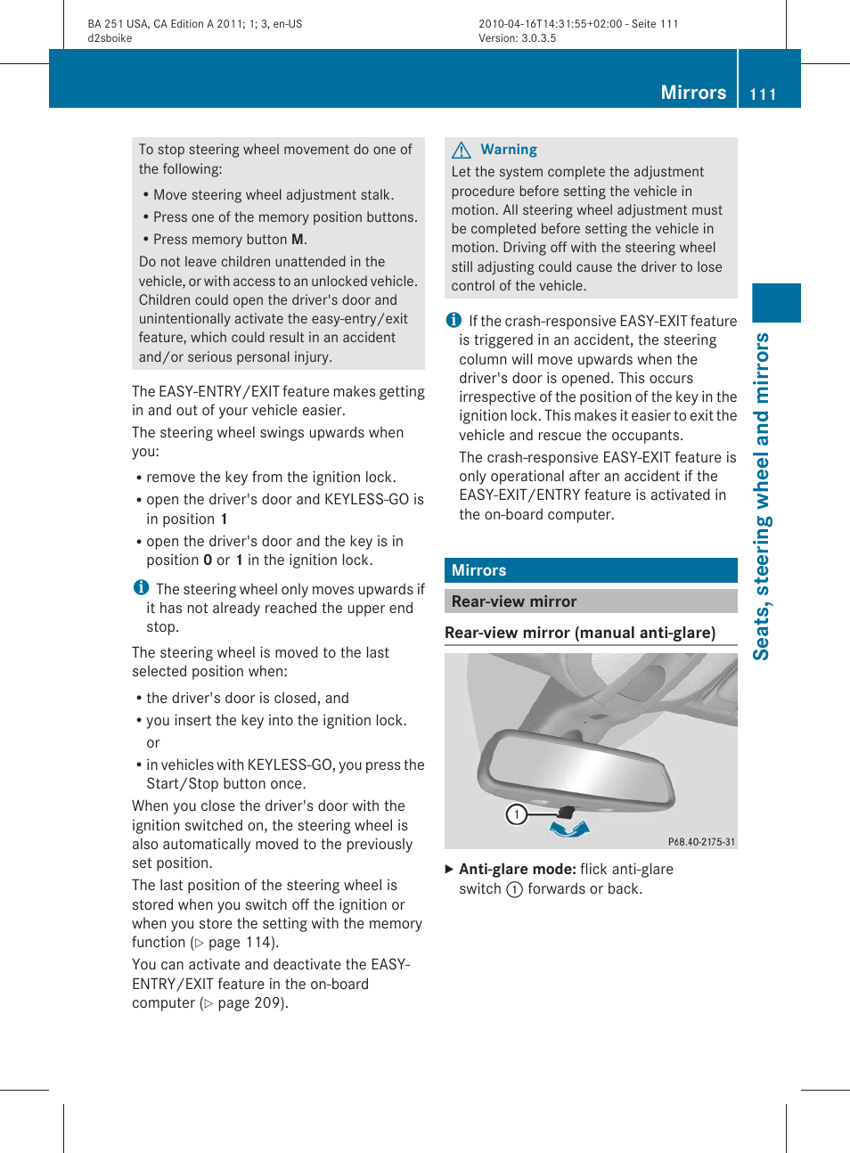 Mirrors, Rear-view mirror, Seats, steering wheel and mirrors | Mercedes-Benz G-Class 2011 Owners Manual User Manual | Page 113 / 364