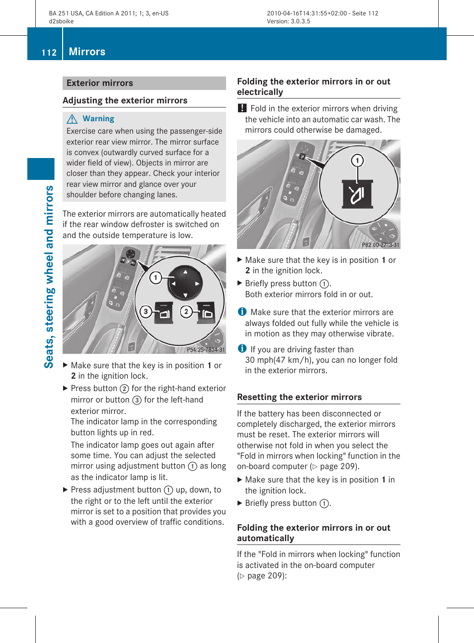 Exterior mirrors, Seats, steering wheel and mirrors, Mirrors | Mercedes-Benz G-Class 2011 Owners Manual User Manual | Page 114 / 364