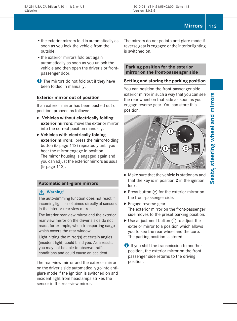 Automatic anti-glare mirrors, Seats, steering wheel and mirrors, Mirrors | Mercedes-Benz G-Class 2011 Owners Manual User Manual | Page 115 / 364