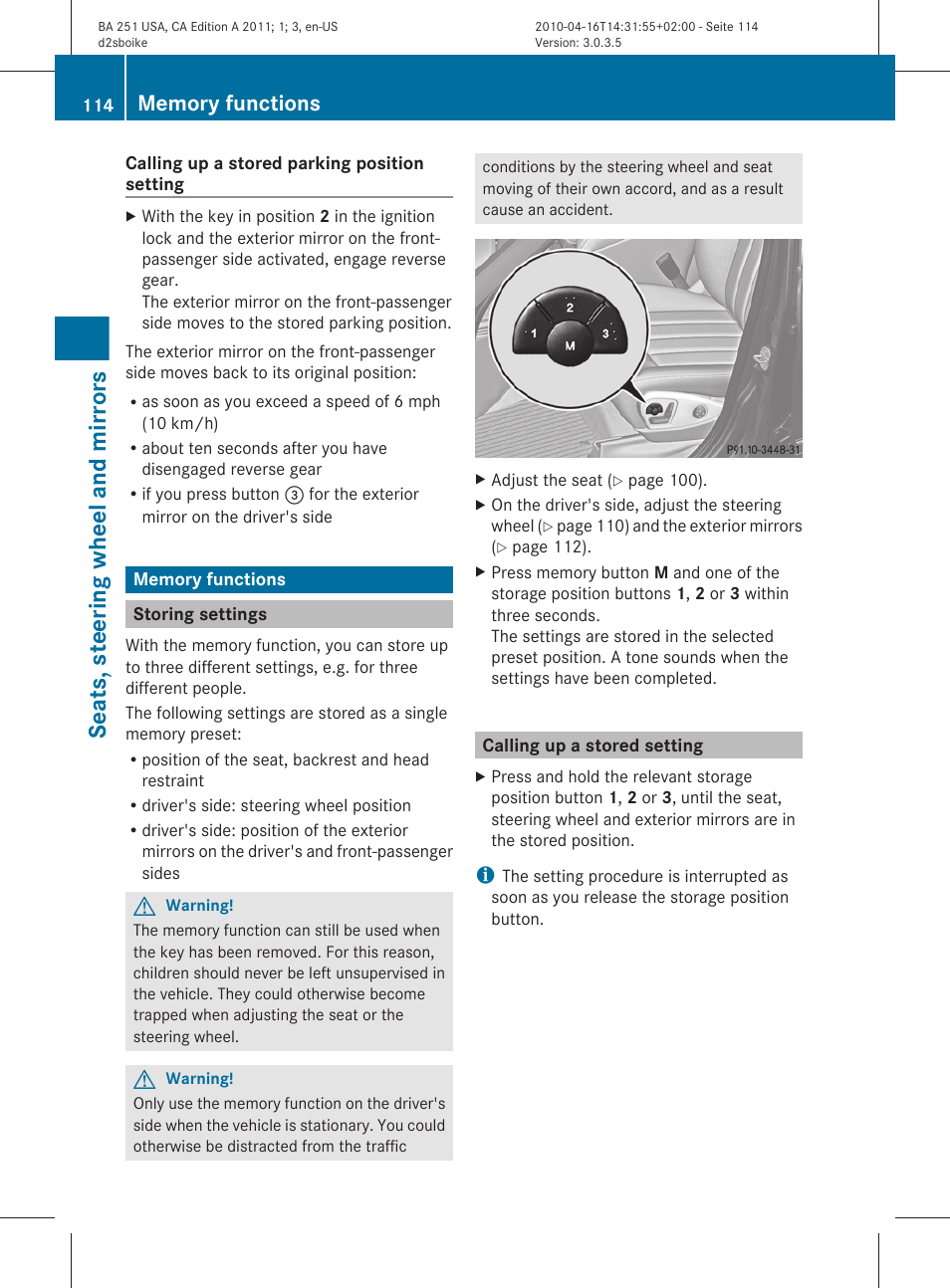 Memory functions, Storing settings, Calling up a stored setting | Settings, Memory function, Function, Seats, steering wheel and mirrors | Mercedes-Benz G-Class 2011 Owners Manual User Manual | Page 116 / 364