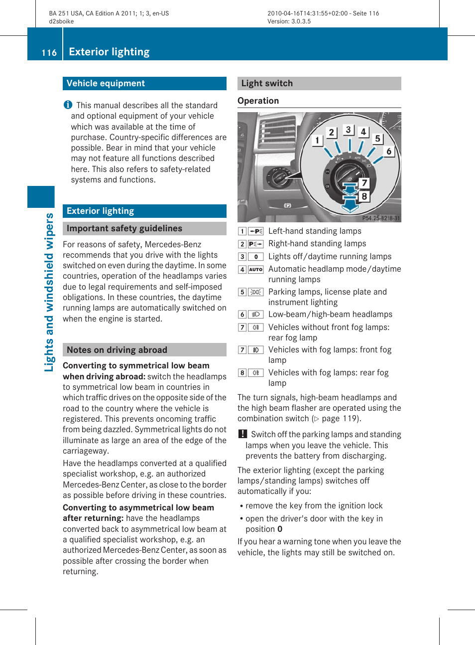 Lights and windshield wipers, Vehicle equipment, Exterior lighting | Important safety guidelines, Notes on driving abroad, Light switch | Mercedes-Benz G-Class 2011 Owners Manual User Manual | Page 118 / 364