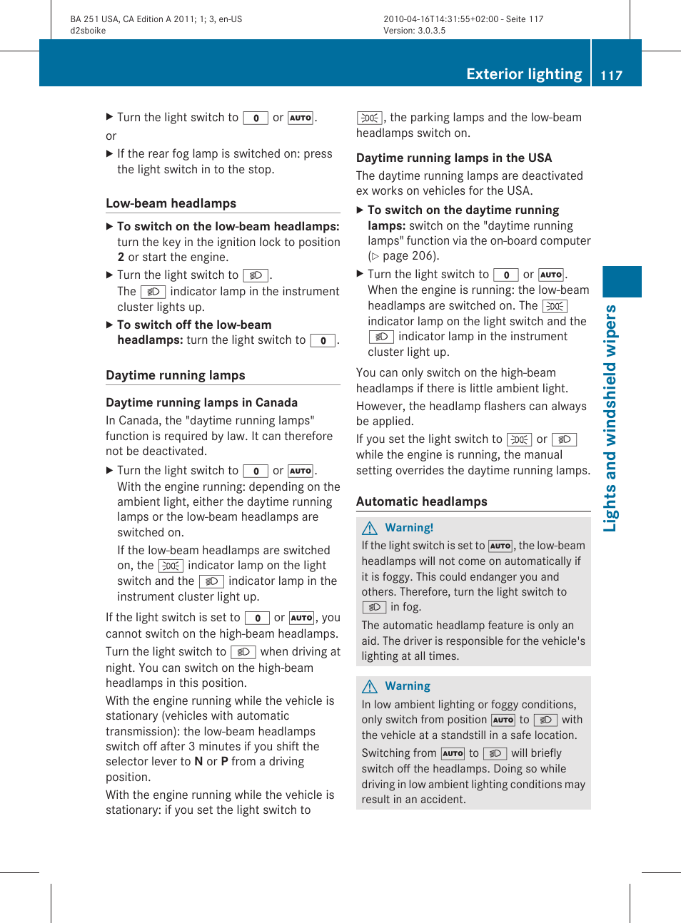 Lights and windshield wipers, Exterior lighting | Mercedes-Benz G-Class 2011 Owners Manual User Manual | Page 119 / 364