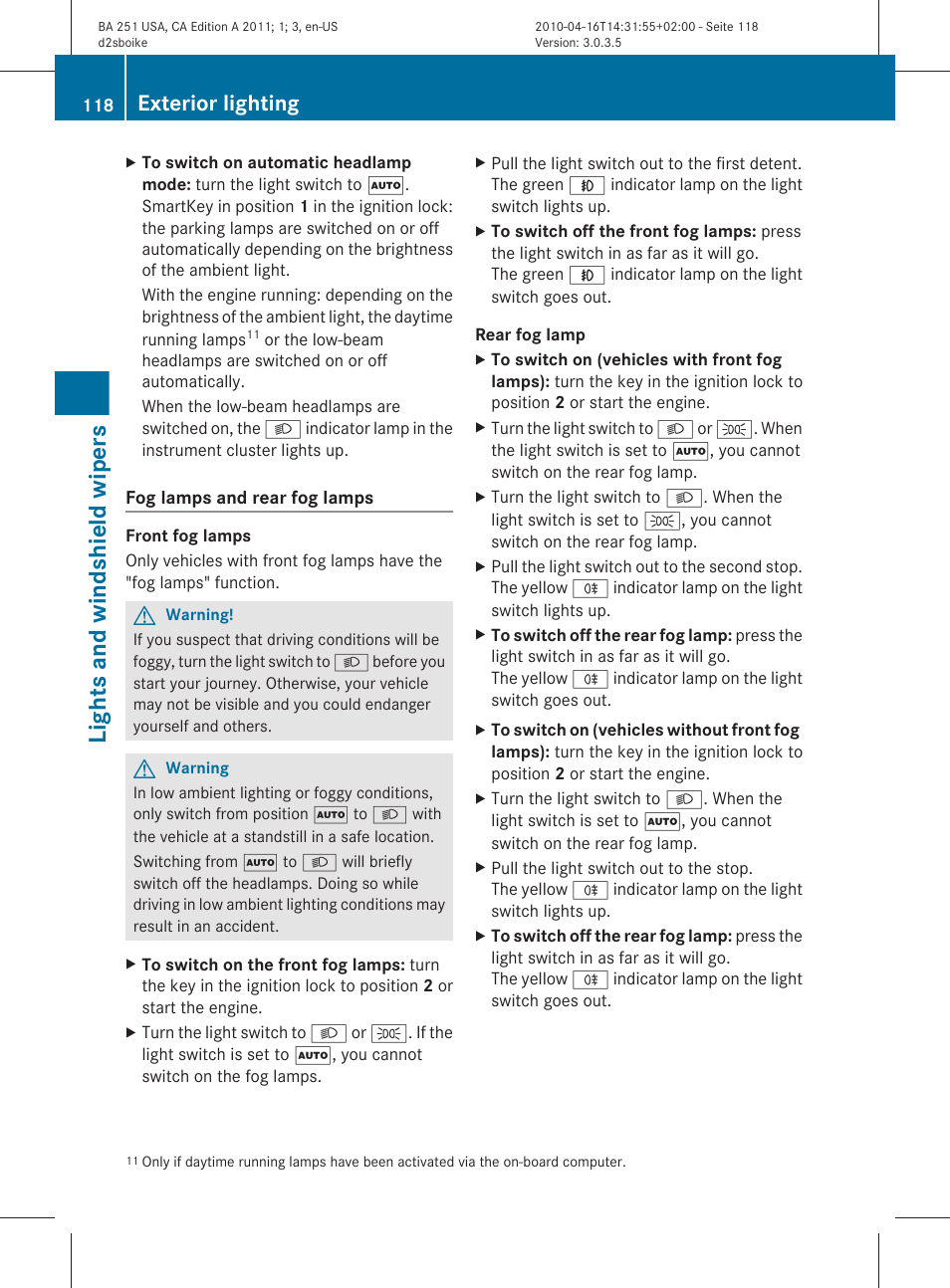 Lights and windshield wipers, Exterior lighting | Mercedes-Benz G-Class 2011 Owners Manual User Manual | Page 120 / 364