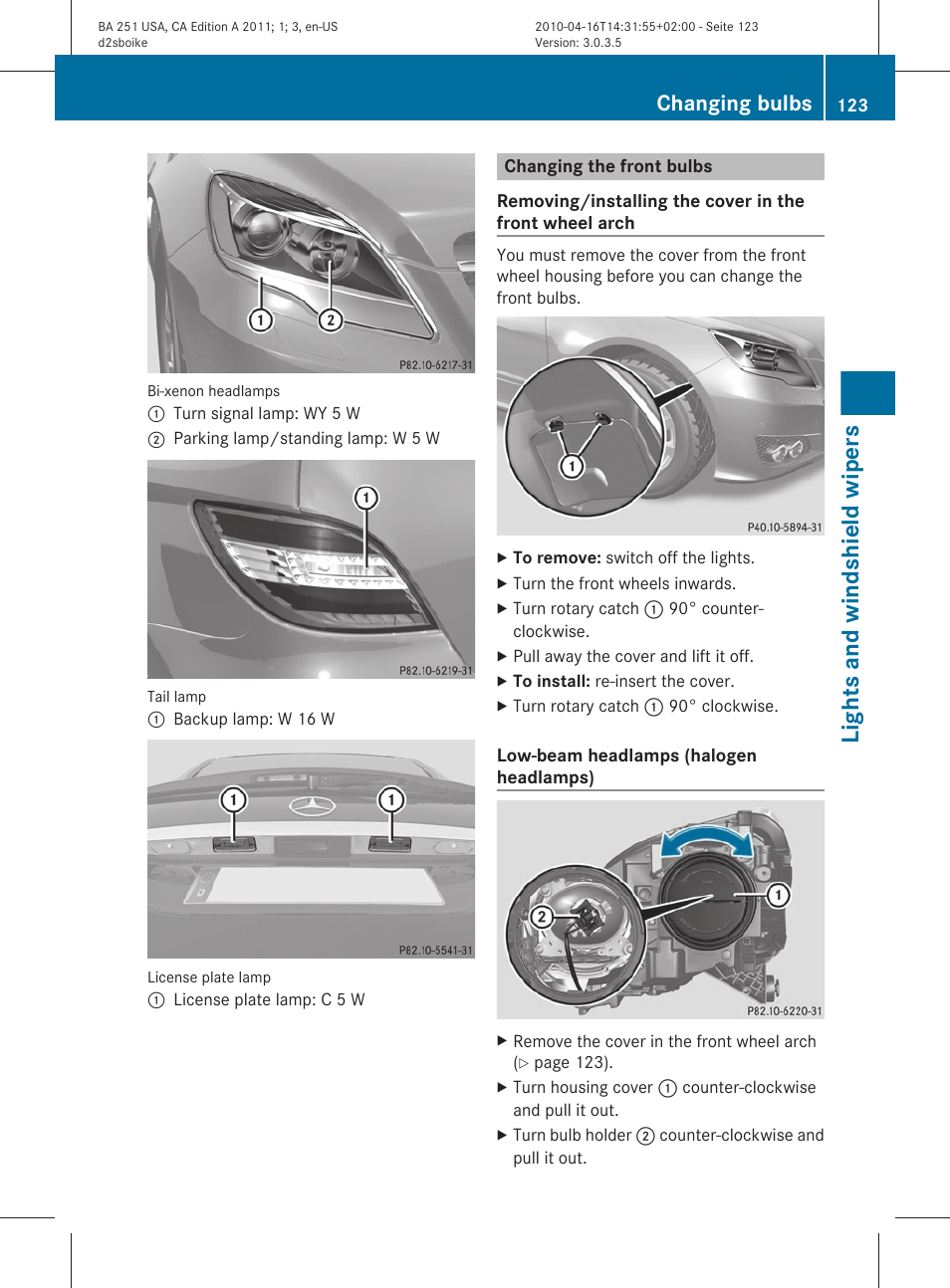 Changing the front bulbs, Lights and windshield wipers, Changing bulbs | Mercedes-Benz G-Class 2011 Owners Manual User Manual | Page 125 / 364