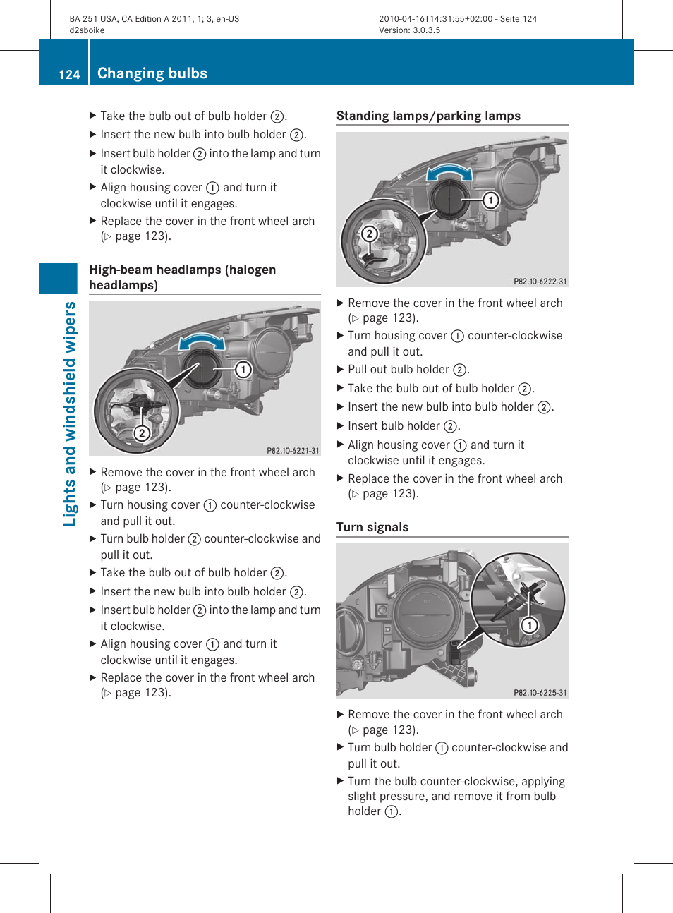 Lights and windshield wipers, Changing bulbs | Mercedes-Benz G-Class 2011 Owners Manual User Manual | Page 126 / 364