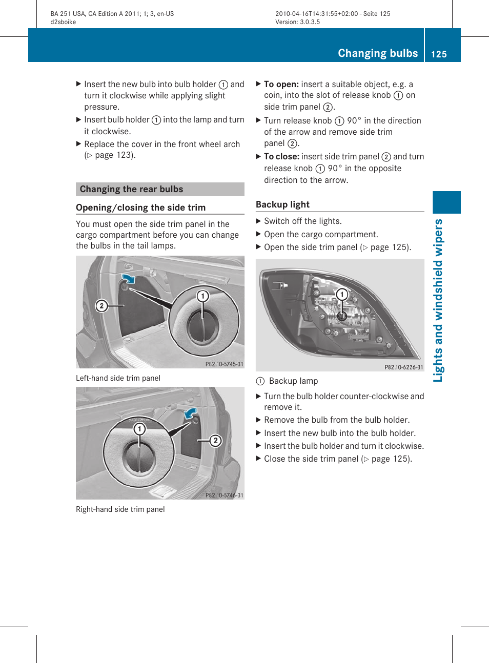 Changing the rear bulbs, Lights and windshield wipers, Changing bulbs | Mercedes-Benz G-Class 2011 Owners Manual User Manual | Page 127 / 364