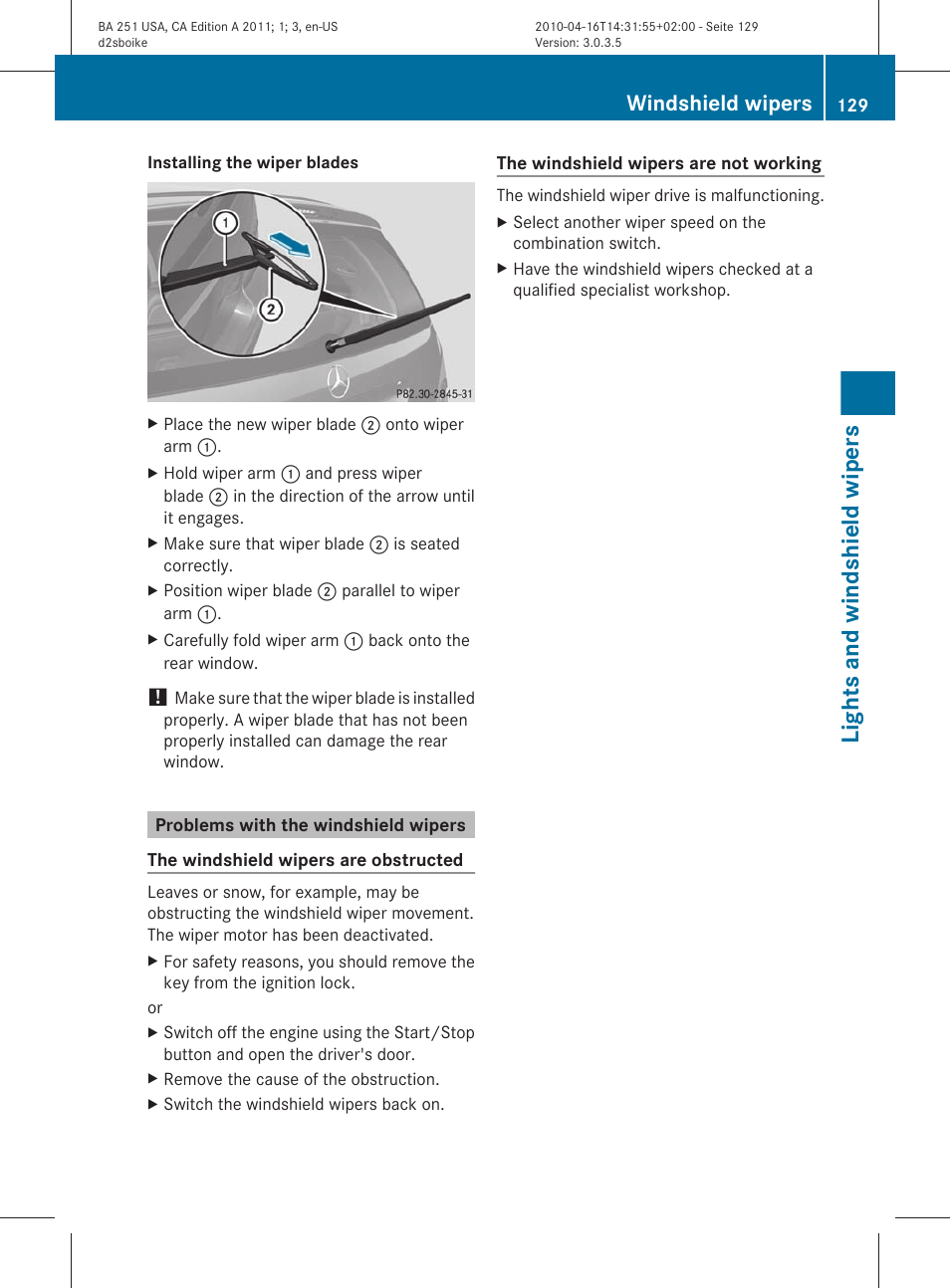 Problems with the windshield wipers, Lights and windshield wipers, Windshield wipers | Mercedes-Benz G-Class 2011 Owners Manual User Manual | Page 131 / 364