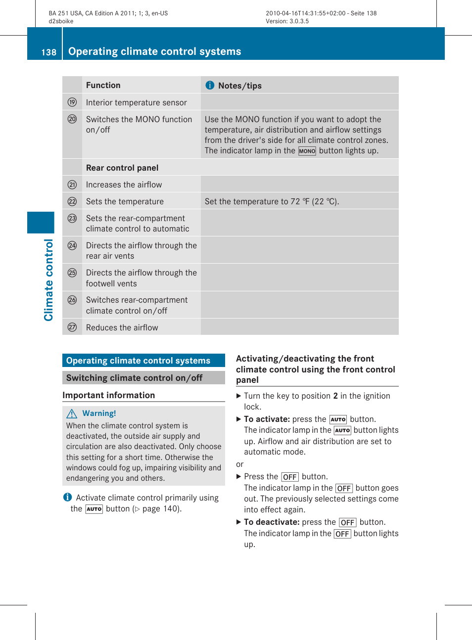 Operating climate control systems, Switching climate control on/off, Climate control | Mercedes-Benz G-Class 2011 Owners Manual User Manual | Page 140 / 364