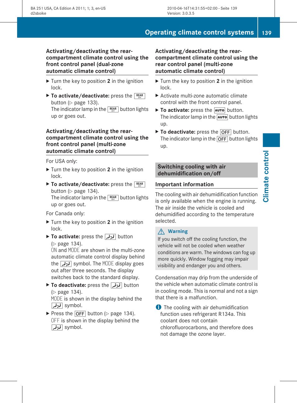 Switching cooling with air dehumidification on/off, Climate control, Operating climate control systems | Mercedes-Benz G-Class 2011 Owners Manual User Manual | Page 141 / 364