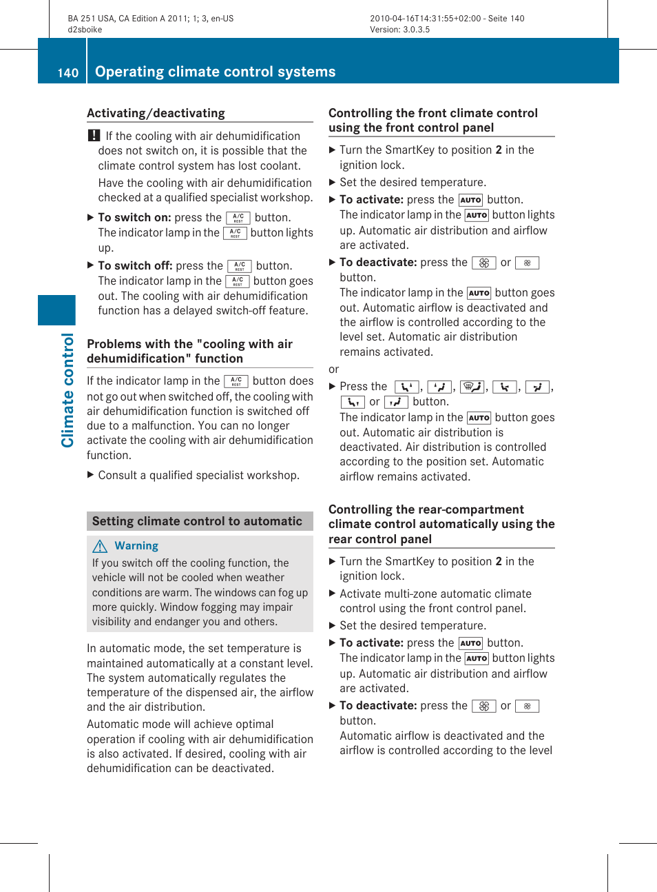 Setting climate control to automatic, Climate control, Operating climate control systems | Mercedes-Benz G-Class 2011 Owners Manual User Manual | Page 142 / 364