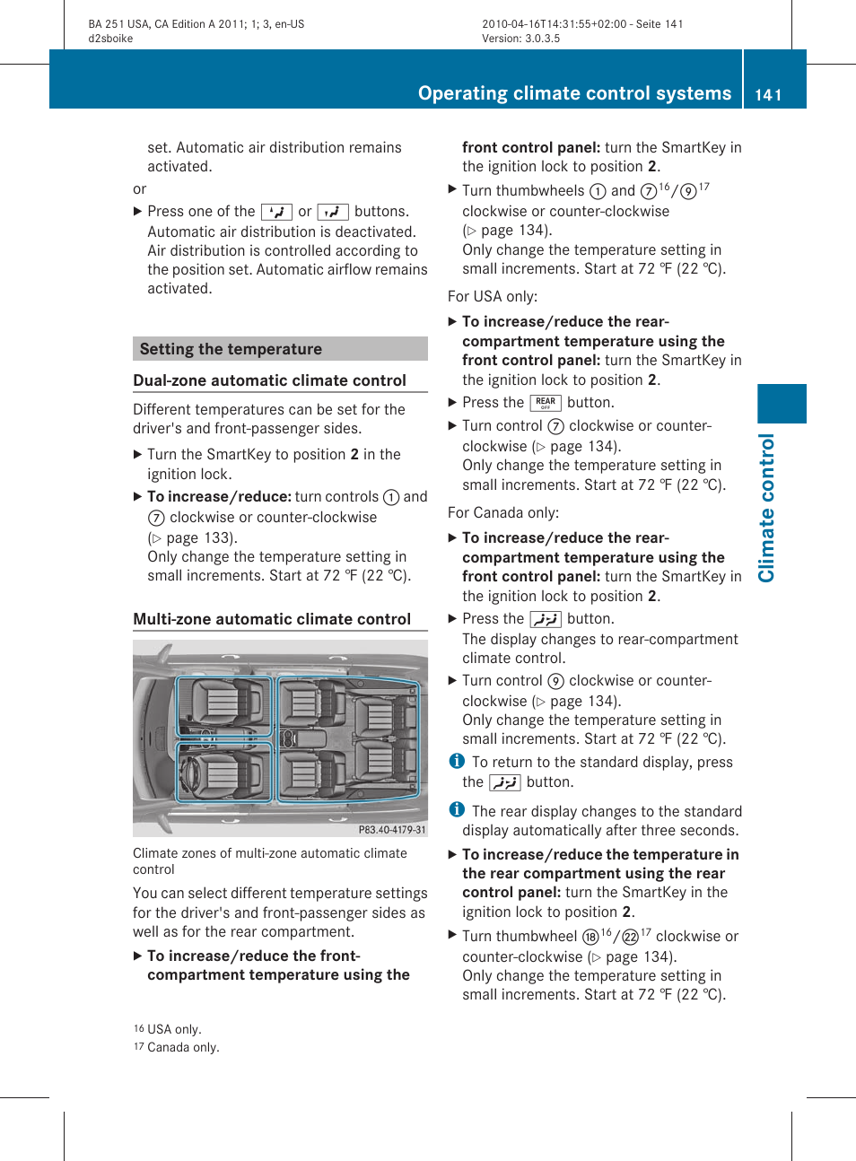 Setting the temperature, Climate control, Operating climate control systems | Mercedes-Benz G-Class 2011 Owners Manual User Manual | Page 143 / 364