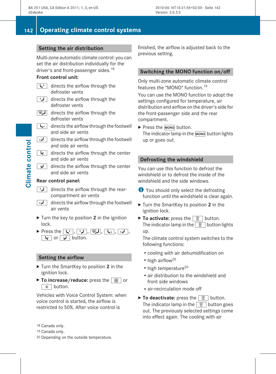 Setting the air distribution, Setting the airflow, Switching the mono function on/off | Defrosting the windshield, Climate control, Operating climate control systems | Mercedes-Benz G-Class 2011 Owners Manual User Manual | Page 144 / 364