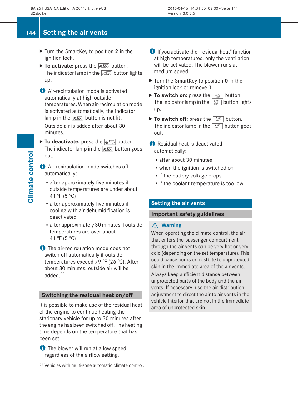 Switching the residual heat on/off, Setting the air vents, Important safety guidelines | Climate control | Mercedes-Benz G-Class 2011 Owners Manual User Manual | Page 146 / 364