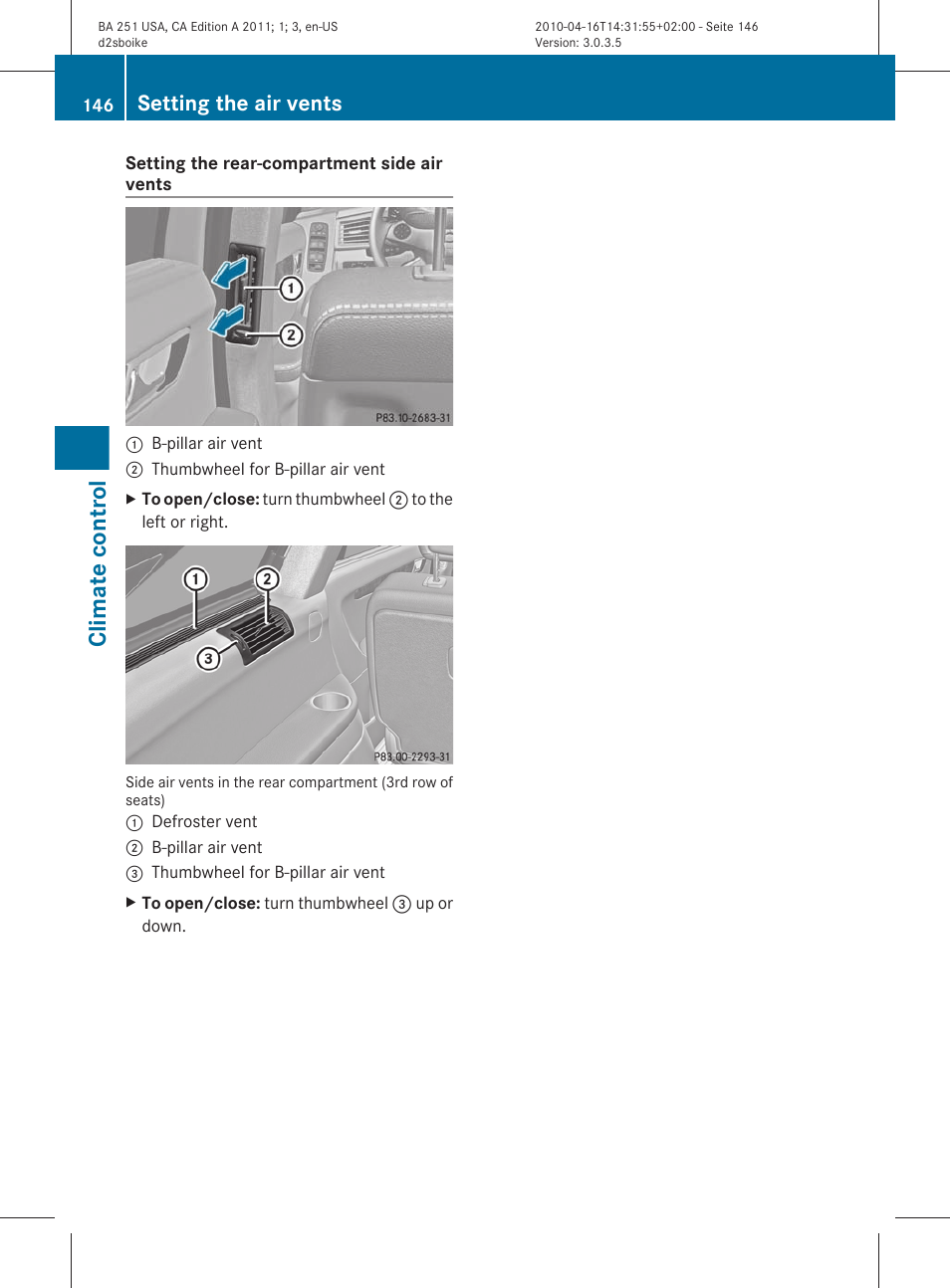 Climate control, Setting the air vents | Mercedes-Benz G-Class 2011 Owners Manual User Manual | Page 148 / 364