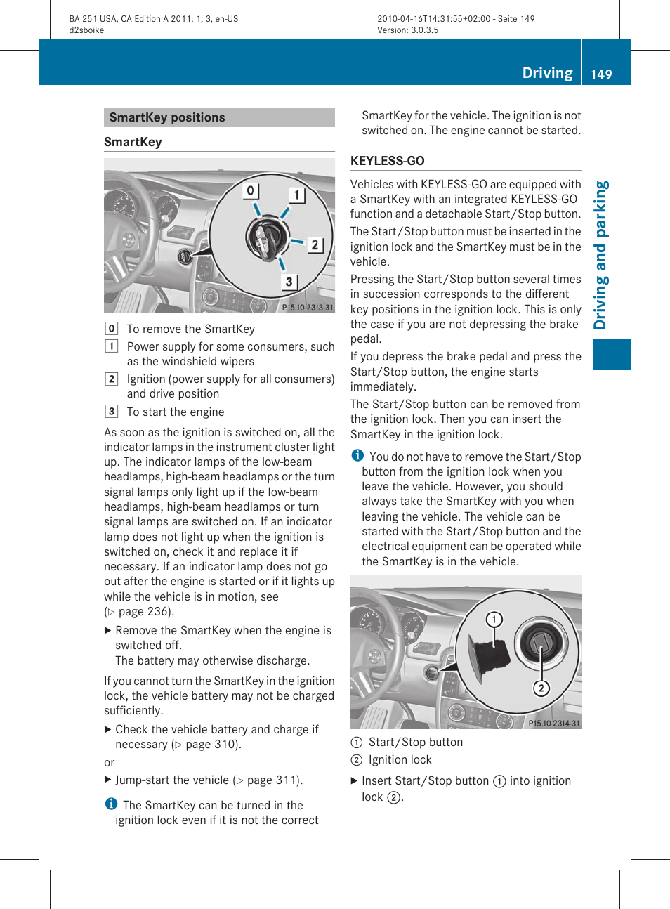 Smartkey positions, Driving and parking, Driving | Mercedes-Benz G-Class 2011 Owners Manual User Manual | Page 151 / 364