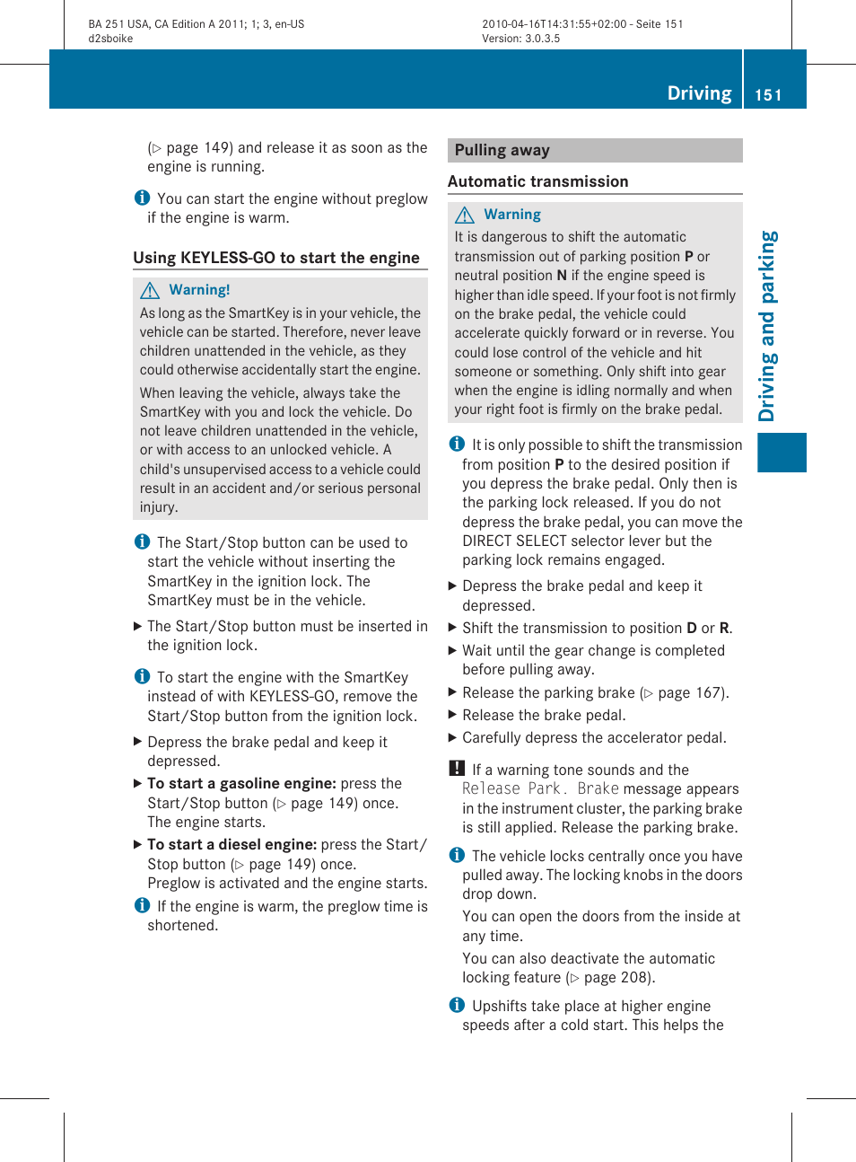 Pulling away, Driving and parking, Driving | Mercedes-Benz G-Class 2011 Owners Manual User Manual | Page 153 / 364