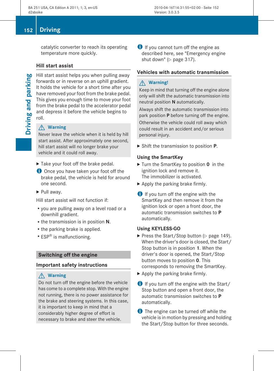 Switching off the engine, Driving and parking, Driving | Mercedes-Benz G-Class 2011 Owners Manual User Manual | Page 154 / 364