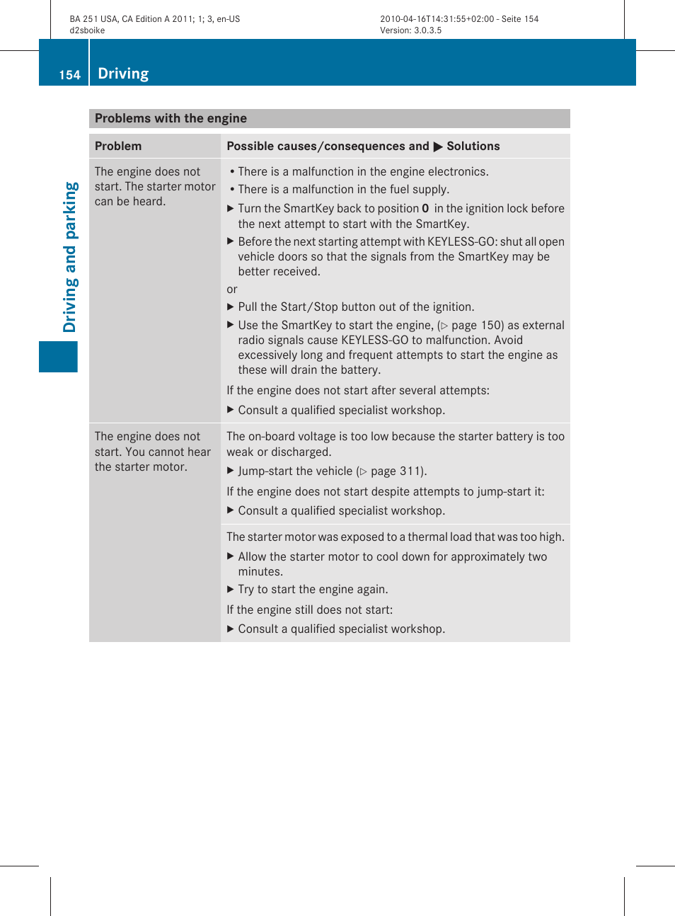 Problems with the engine, Driving and parking, Driving | Mercedes-Benz G-Class 2011 Owners Manual User Manual | Page 156 / 364