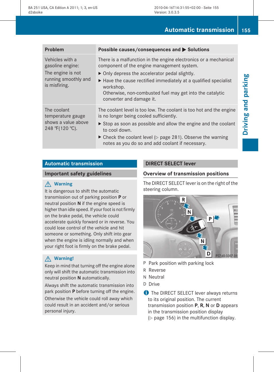 Automatic transmission, Important safety guidelines, Direct select lever | Driving and parking | Mercedes-Benz G-Class 2011 Owners Manual User Manual | Page 157 / 364