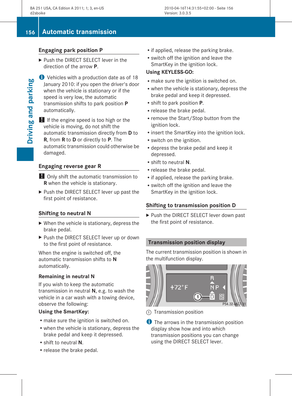 Transmission position display, Driving and parking, Automatic transmission | Mercedes-Benz G-Class 2011 Owners Manual User Manual | Page 158 / 364