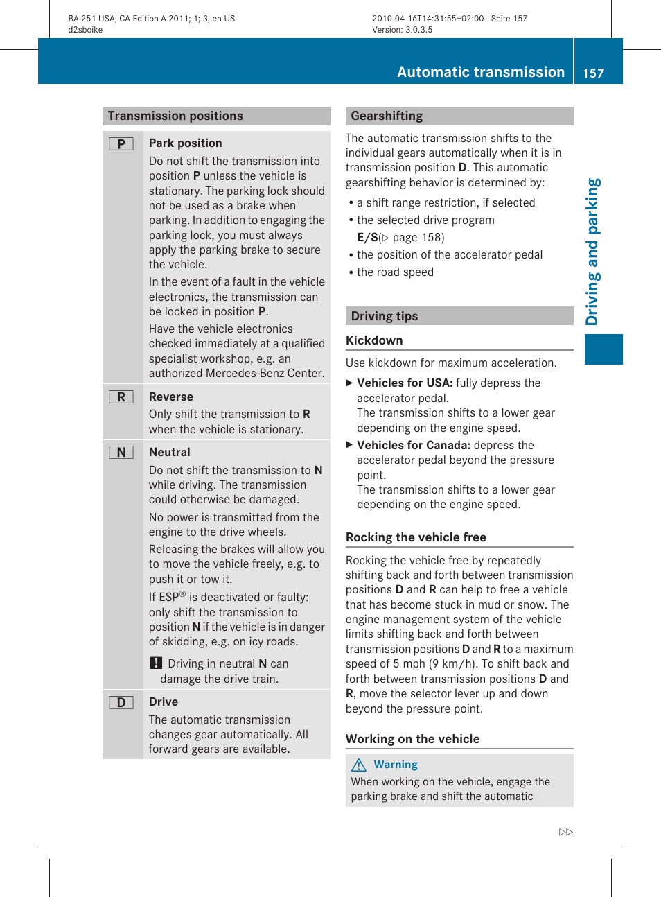 Transmission positions, Gearshifting, Driving tips | Driving and parking, Automatic transmission | Mercedes-Benz G-Class 2011 Owners Manual User Manual | Page 159 / 364