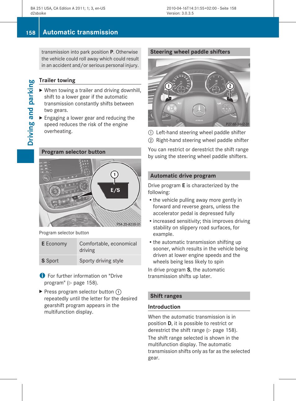 Program selector button, Steering wheel paddle shifters, Automatic drive program | Shift ranges, Driving and parking, Automatic transmission | Mercedes-Benz G-Class 2011 Owners Manual User Manual | Page 160 / 364