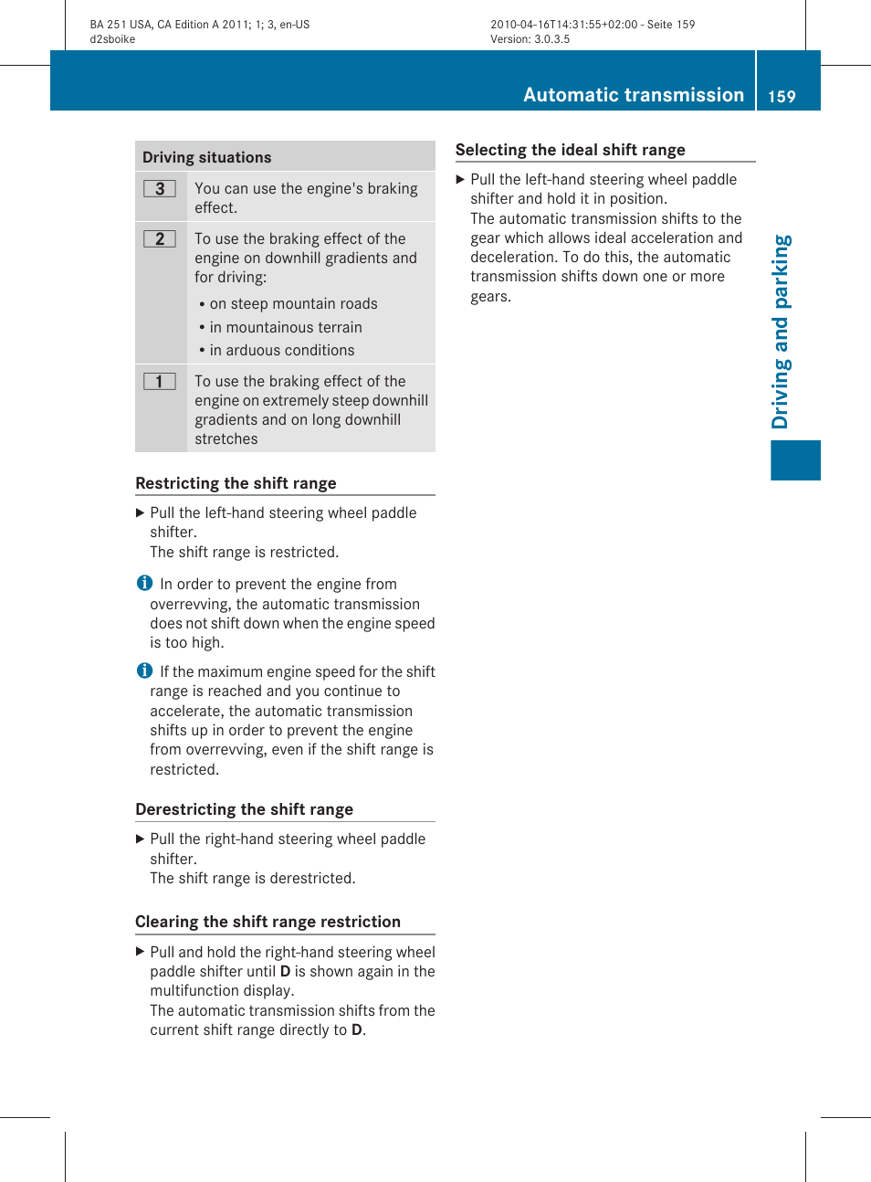 Driving and parking, Automatic transmission | Mercedes-Benz G-Class 2011 Owners Manual User Manual | Page 161 / 364