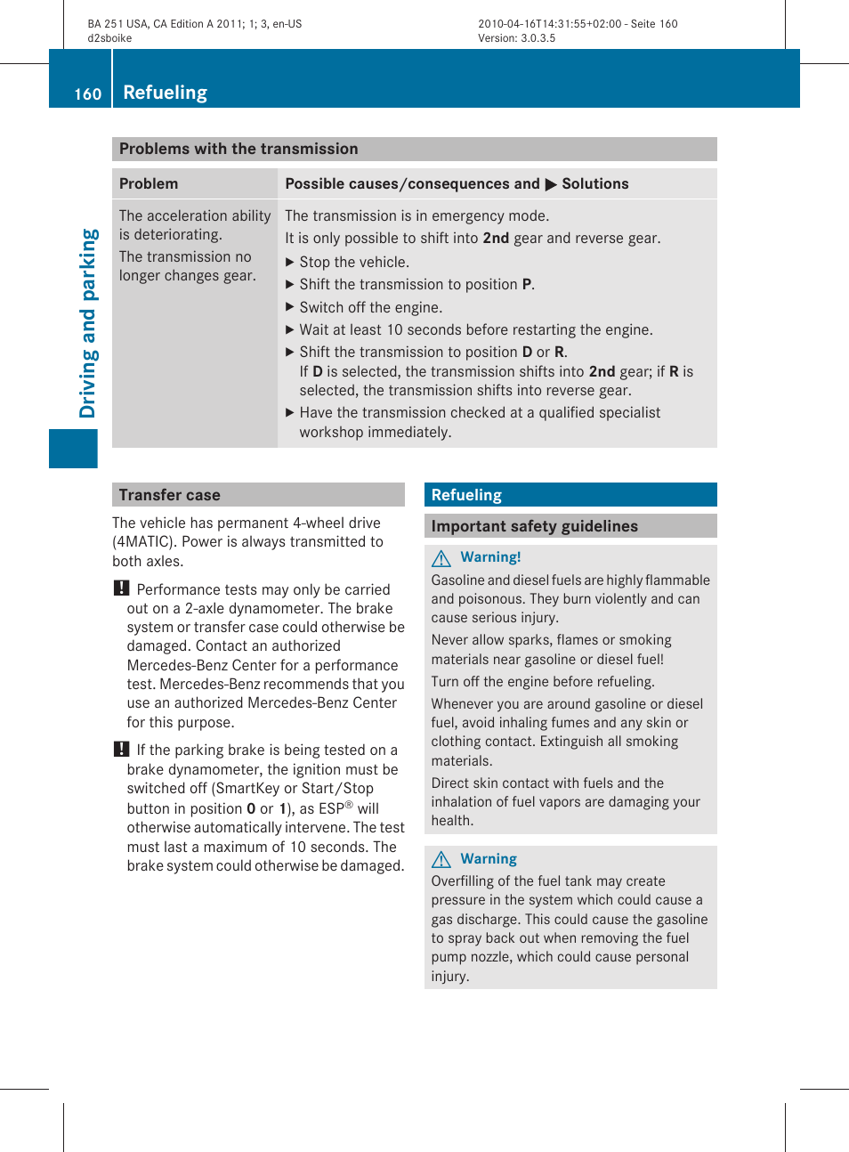 Problems with the transmission, Transfer case, Refueling | Important safety guidelines, Driving and parking | Mercedes-Benz G-Class 2011 Owners Manual User Manual | Page 162 / 364