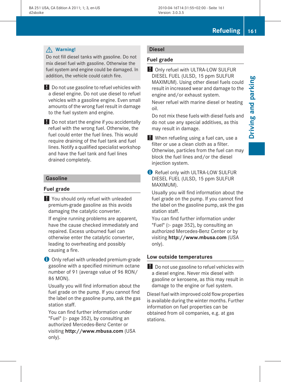 Gasoline, Diesel, Driving and parking | Refueling | Mercedes-Benz G-Class 2011 Owners Manual User Manual | Page 163 / 364