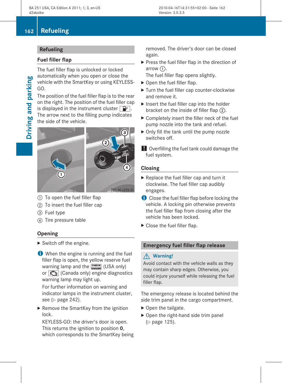 Refueling, Emergency fuel filler flap release, Driving and parking | Mercedes-Benz G-Class 2011 Owners Manual User Manual | Page 164 / 364