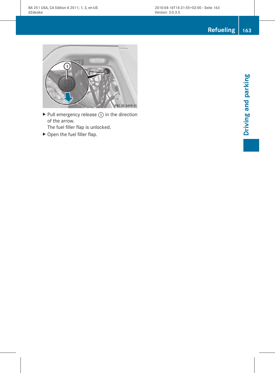 Driving and parking, Refueling | Mercedes-Benz G-Class 2011 Owners Manual User Manual | Page 165 / 364