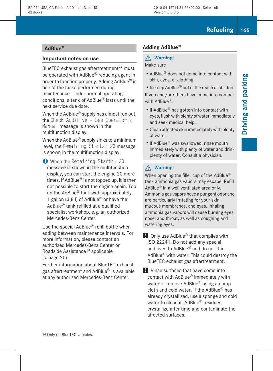 Adblue, Driving and parking, Refueling | Mercedes-Benz G-Class 2011 Owners Manual User Manual | Page 167 / 364