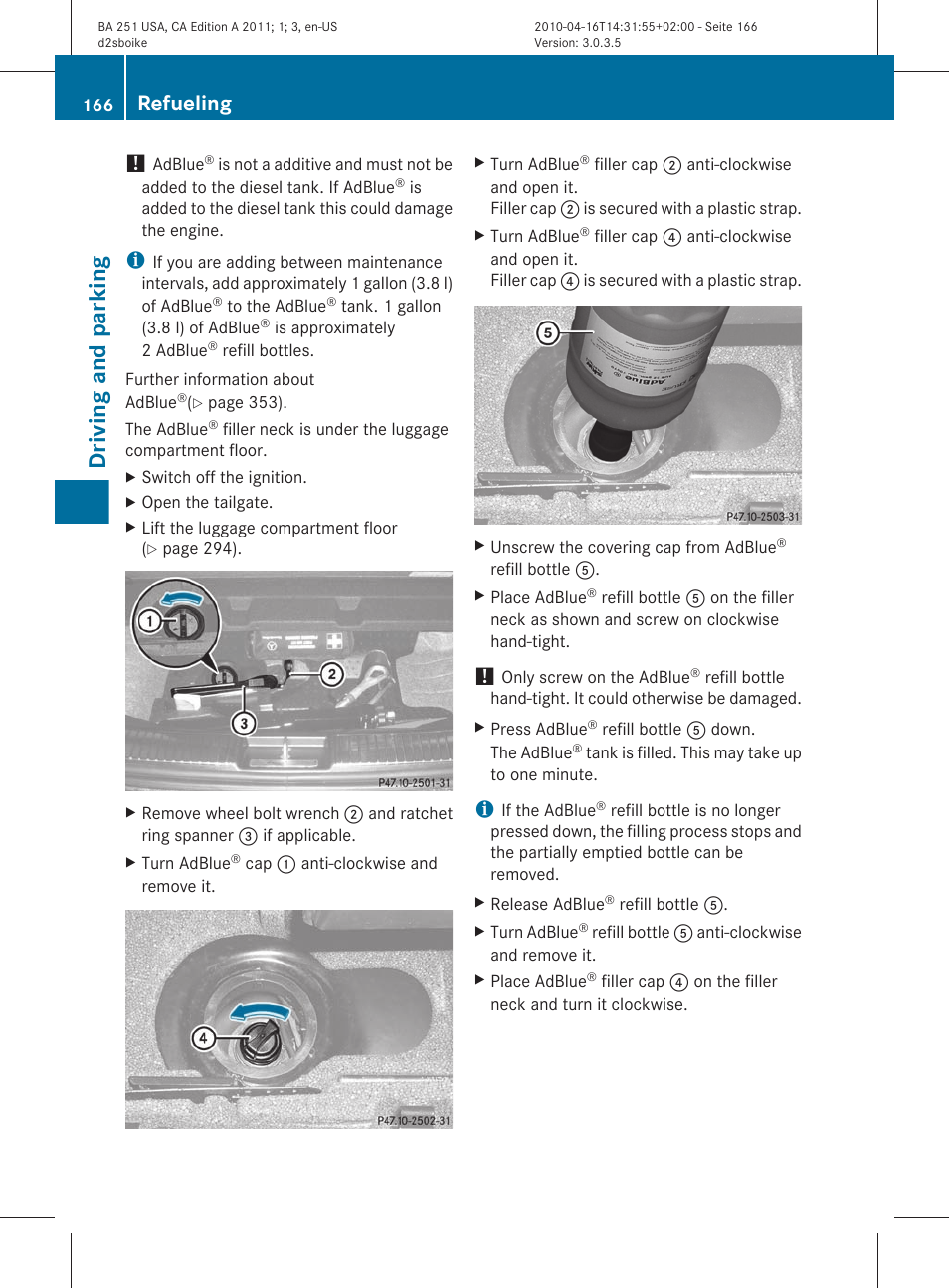 Driving and parking, Refueling | Mercedes-Benz G-Class 2011 Owners Manual User Manual | Page 168 / 364