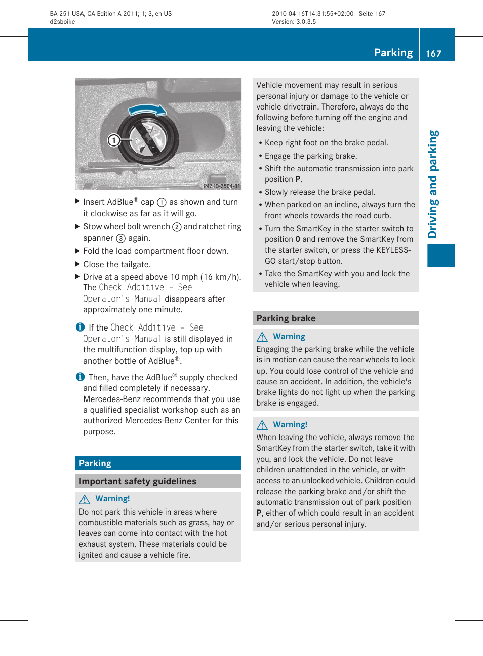 Parking, Important safety guidelines, Parking brake | Driving and parking | Mercedes-Benz G-Class 2011 Owners Manual User Manual | Page 169 / 364