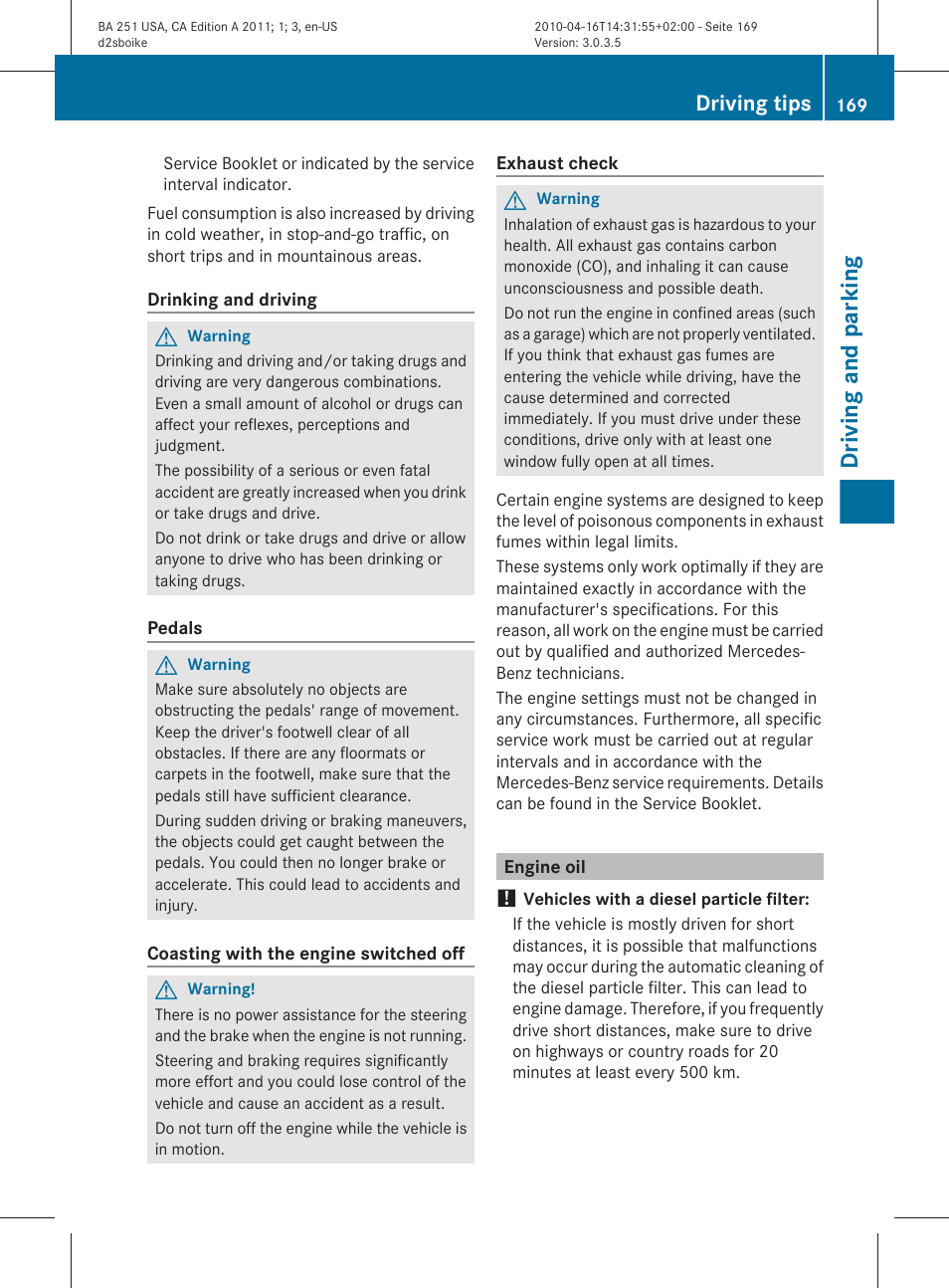 Engine oil, Driving and parking, Driving tips | Mercedes-Benz G-Class 2011 Owners Manual User Manual | Page 171 / 364