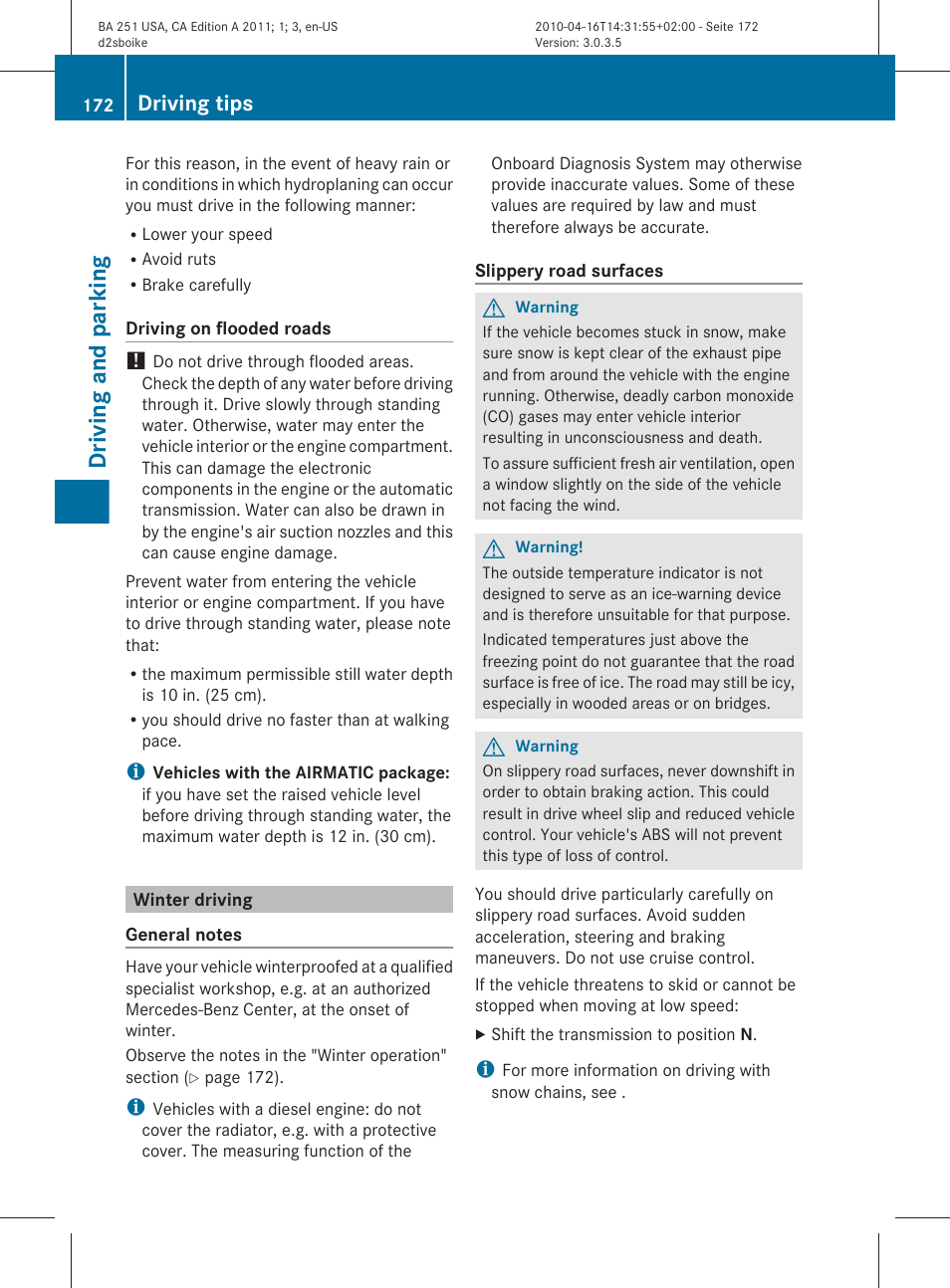 Winter driving, Driving and parking, Driving tips | Mercedes-Benz G-Class 2011 Owners Manual User Manual | Page 174 / 364