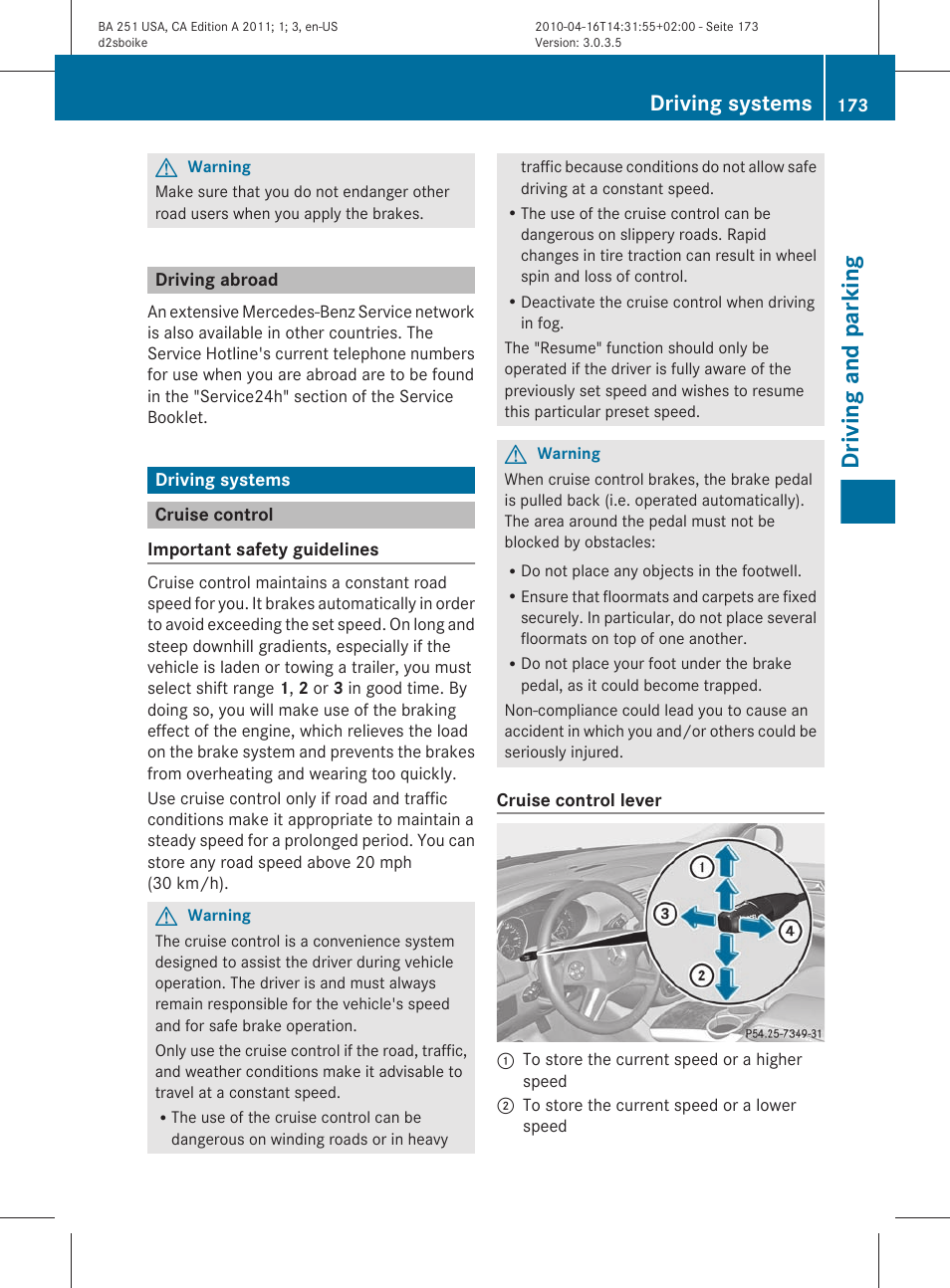 Driving abroad, Driving systems, Cruise control | Driving and parking | Mercedes-Benz G-Class 2011 Owners Manual User Manual | Page 175 / 364