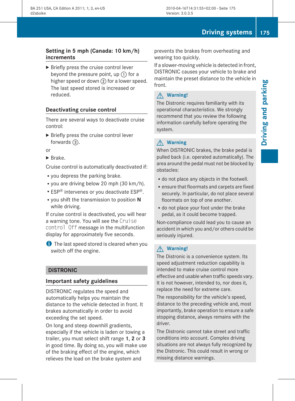 Distronic, Driving and parking, Driving systems | Mercedes-Benz G-Class 2011 Owners Manual User Manual | Page 177 / 364