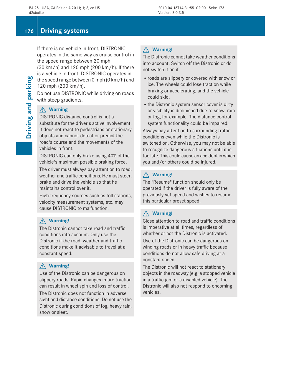 Driving and parking, Driving systems | Mercedes-Benz G-Class 2011 Owners Manual User Manual | Page 178 / 364